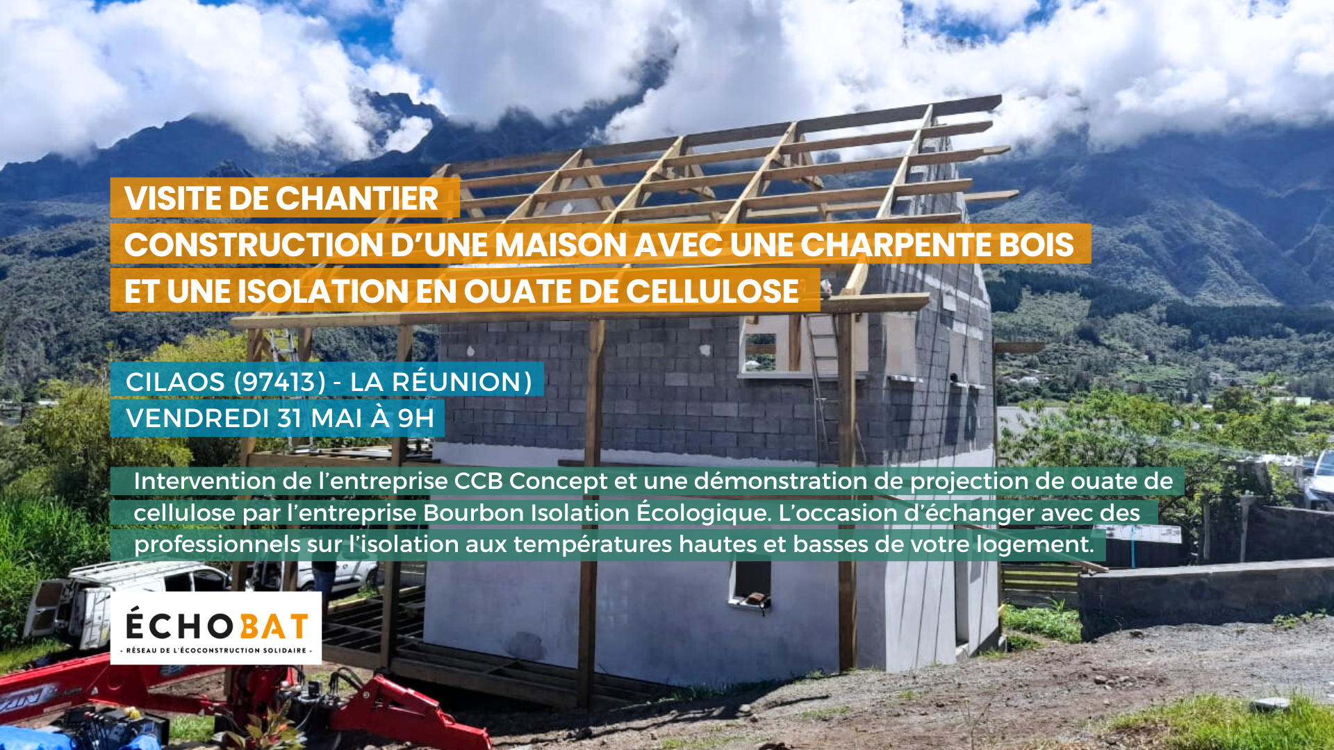 Visite d'une maison en bois et démo d'une projection en ouate de cellulose à Cilaos à La Réunion